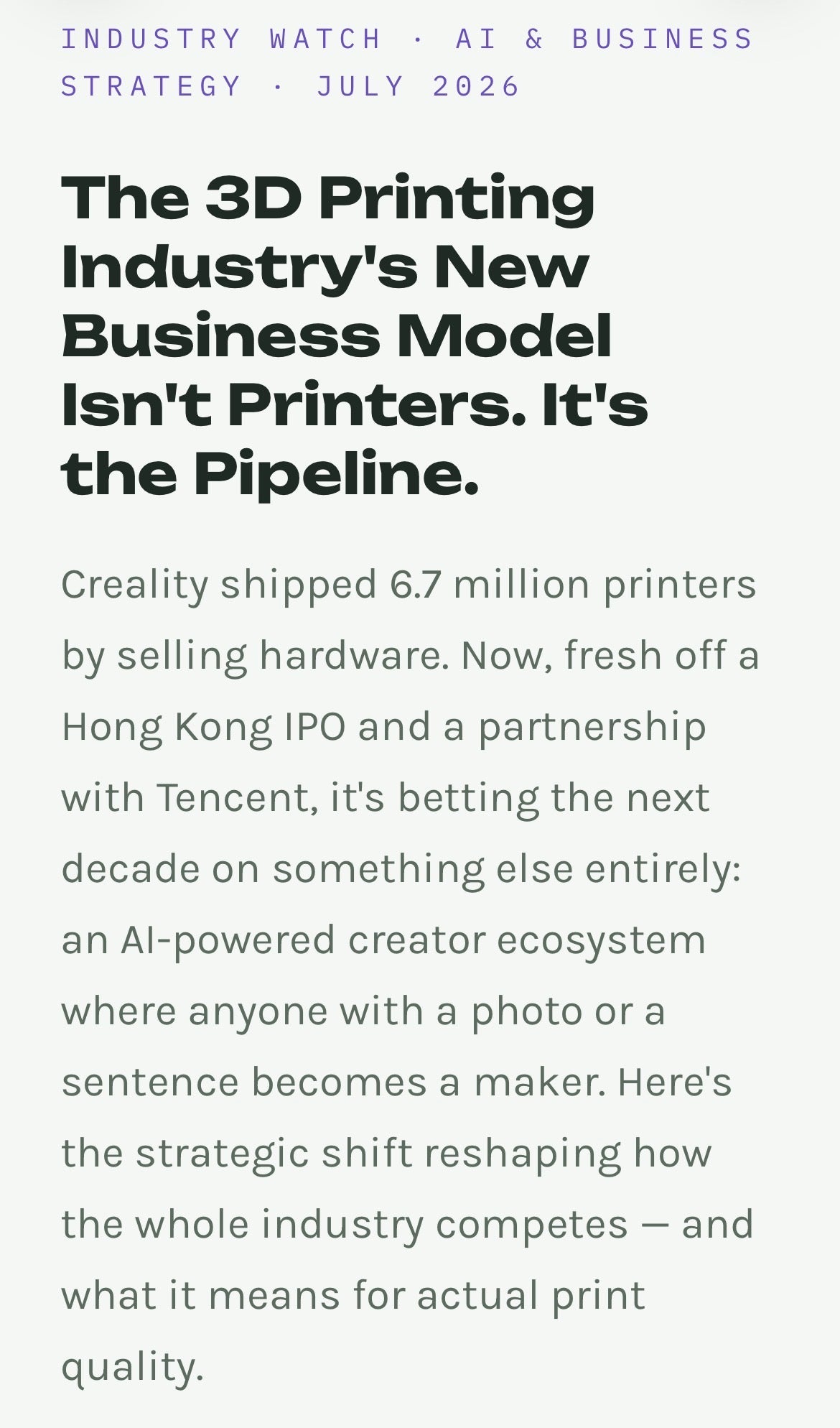 The 3D Printing Industry's New Business Model Isn't Printers. It's the Pipeline.