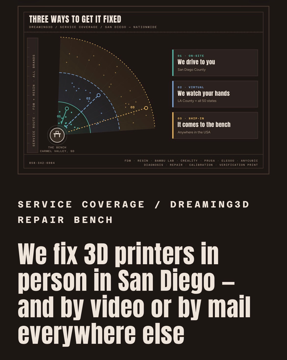 We fix 3D printers in person in San Diego — and by video or by mail everywhere else