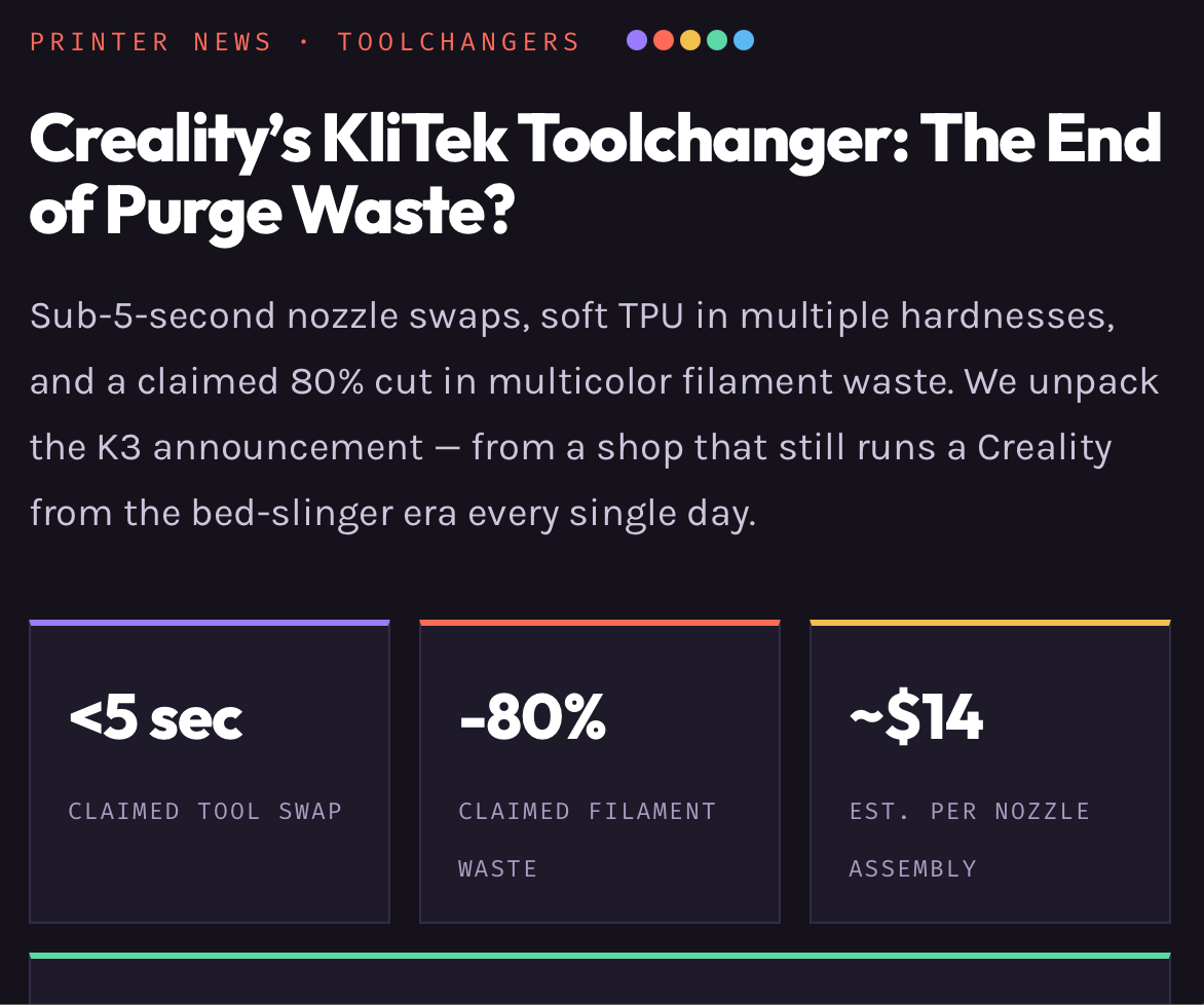 Creality’s KliTek Toolchanger: The End of Purge Waste?